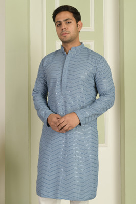 LEMONX Men Embroidered Straight Kurta(Light Blue)