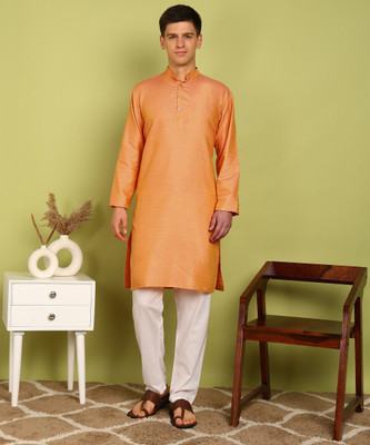 FUBAR Men Self Design Straight Kurta(Orange)