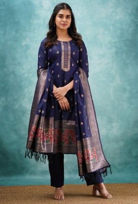 Fabricfantacia Women Woven Design, Embroidered, Printed, Self Design A-line Kurta(Dark Blue)