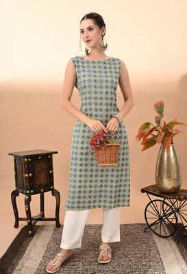 Anmi Printed Women Straight Kurta(Grey)
