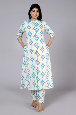 saan Women Block Print A-line Kurta(Blue, White)