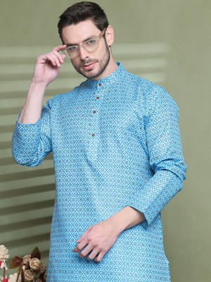 AEW DESIGNS Men Printed Straight Kurta(Light Blue)
