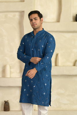 LEMONX Men Embellished, Embroidered Straight Kurta(Blue)