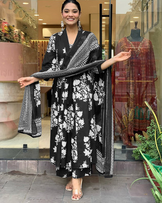 Tasrika Floral Print Anarkali Kurta, Bottom & Dupatta Set