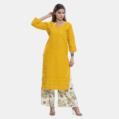 Yhhb Women Chikan Embroidery Straight Kurta(Yellow)