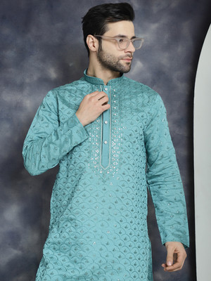 Jompers Men Embroidered Straight Kurta(Blue)