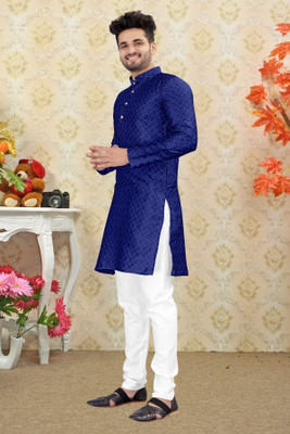 kanha creation Men Self Design Straight Kurta(Blue)
