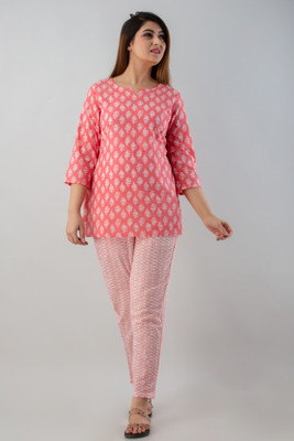 oceanabode Women Printed Pink Top & Pyjama Set