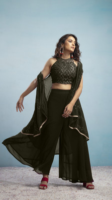 SANCIA Women Crop Top Palazzo Ethnic Jacket Set
