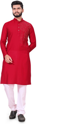 AARYA COLLECTION Men Embroidered Straight Kurta(Red)