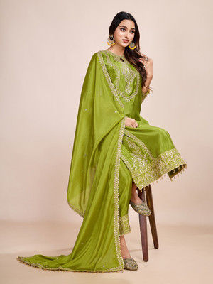 Primesky Women Embroidered A-line Kurta(Green)