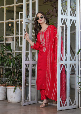 JAPNAAM Embroidered Kurta, Trouser/Pant & Dupatta Set