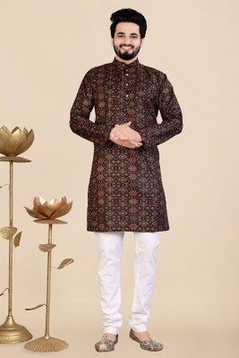 FABWAX Men Printed Straight Kurta(Black)