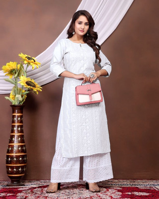 Cttextiles Women Embroidered Straight Kurta(White)