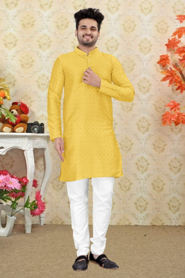 Shree Dutt Creation Men Self Design Straight Kurta(Yellow)