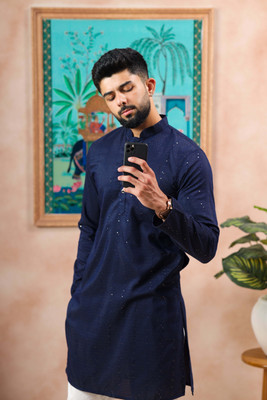 Koshin Men Embroidered Straight Kurta(Dark Blue)