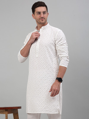 Jompers Men Embroidered Straight Kurta(White)