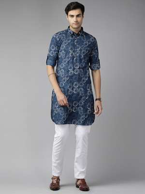 See Designs Men Printed Pathani Kurta(Blue)