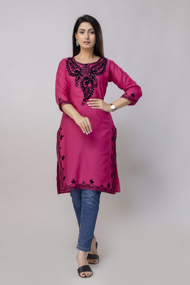 SS1Creation Women Embroidered A-line Kurta(Pink)