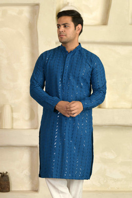 LEMONX Men Embellished Straight Kurta(Blue)
