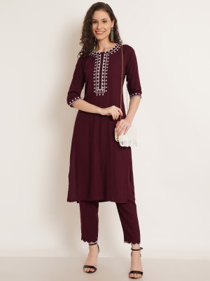 Ethic Glance Women Chikan Embroidery A-line Kurta(Maroon)