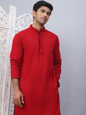 ANOUK Men Embroidered Straight Kurta(Maroon)