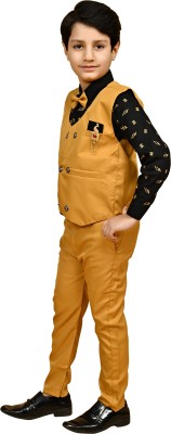 Prabhuratan Boys Festive & Party Shirt, Waistcoat and Pant Set(Yellow Pack of 1)