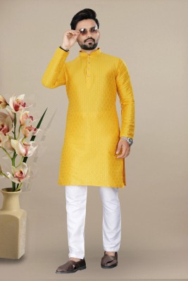 RAJWADI FASHION Men Embroidered Straight Kurta(Yellow)