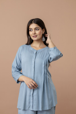GulaboSitabo Women Solid Flared Kurta(Light Blue)