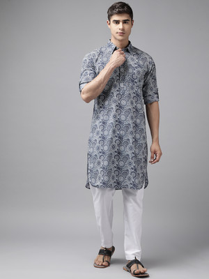 See Designs Men Printed Pathani Kurta(Blue)