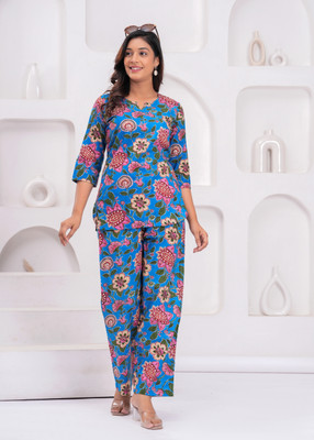 HouseOfCommon Women Floral Print Blue Night Suit Set