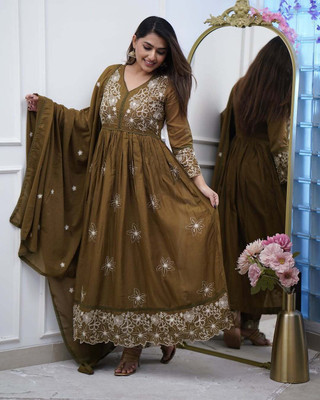 Hevil Creation Embroidered, Printed Anarkali Kurta, Bottom & Dupatta Set