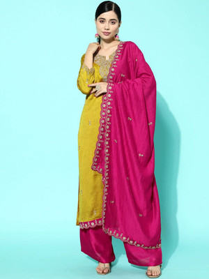 Sangria Embroidered Kurta, Palazzo & Dupatta Set