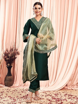 Blue Zircon Embroidered Kurta, Trouser/Pant & Dupatta Set