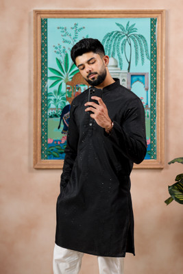 Koshin Men Embroidered Straight Kurta(Black)