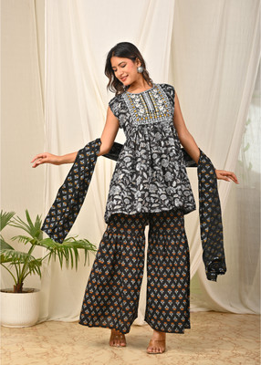 Rachuri Embroidered Kurta, Sharara & Dupatta Set