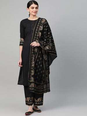 FREEDOMFASHION Solid, Embroidered Kurta, Palazzo & Dupatta Set