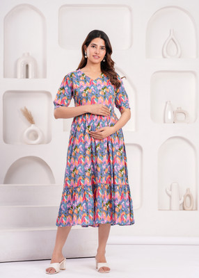 COTTON MULMUL STORE Women Fit and Flare Purple, Pink Midi/Calf Length Dress