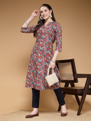 indibelle Women Floral Print A-line Kurta(Maroon)