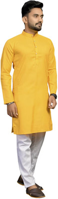 Enmozz Men Solid Straight Kurta(Yellow)