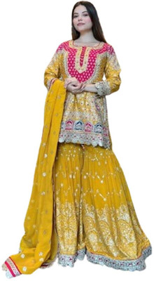 CLOTHTEXTILE Women Ethnic Top Palazzo Dupatta Set