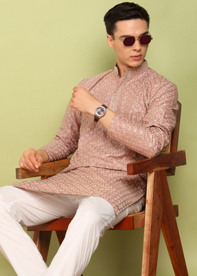 FUBAR Men Embroidered Straight Kurta(Orange)