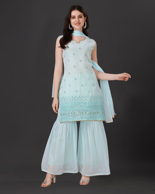 DHARMVIJ CREATION Embroidered Kurta, Palazzo & Dupatta Set