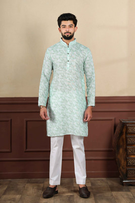 Koshin Men Printed Straight Kurta(Light Green)