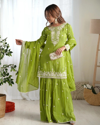 Dhayansh Enterprise Embroidered Kurta, Sharara & Dupatta Set
