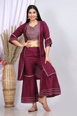 PRAYAN Women Crop Top Sharara Ethnic Jacket Set