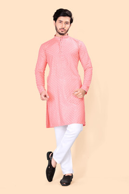 Svatantra Men Embroidered Straight Kurta(Pink)