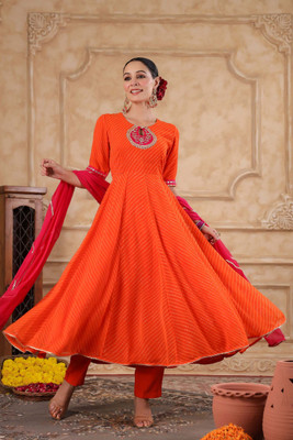 Tasrika Striped Anarkali Kurta, Bottom & Dupatta Set