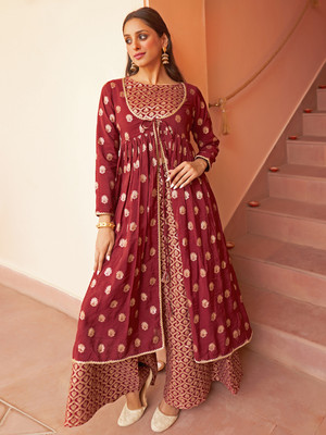 Janasya Women Crop Top Palazzo Ethnic Jacket Set