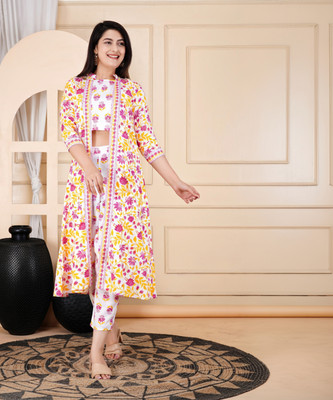 DSS FASHION Women Crop Top Pant Ethnic Jacket Set
